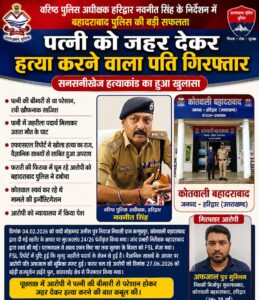 उत्तराखंड / हरिद्वार : पत्नी को जहर देकर की हत्या, पांच माह बाद एफएसएल रिपोर्ट से खुला राज; बहादराबाद पुलिस ने आरोपी पति को किया गिरफ्तार…