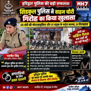 उत्तराखंड / हरिद्वार : सिडकुल पुलिस की बड़ी कार्रवाई: वाहन चोरी गिरोह का खुलासा, 9 दोपहिया और बाइक के पार्ट्स बरामद_ देखे विडिओ !!